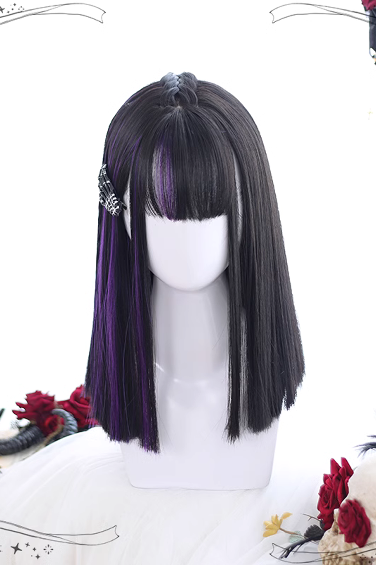 Purple Highlights Air bangs Medium length Hair  Gothic Lolita Wigs