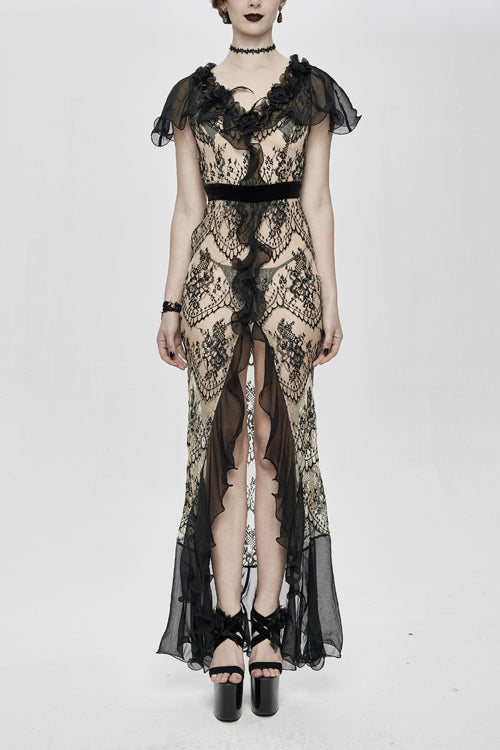 High End Long Transparent Lace Big Split Chiffon Sleeves Womens Gothic Dress