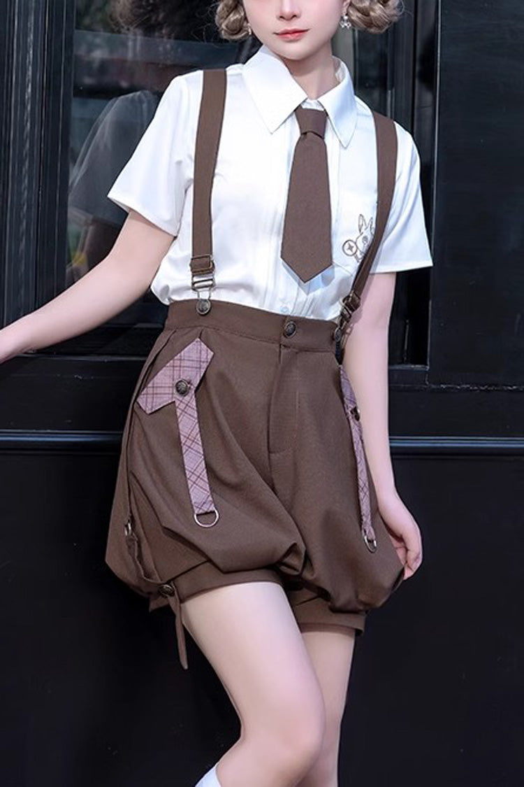 Brown Bunny Detective Short Sleeves Prince Ouji Lolita Shorts and Blouse Set