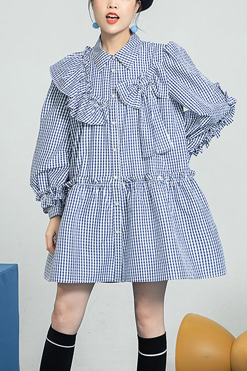 Blue Plaid Print Bow Ruffled Long Sleeves Single Breasted Sweet Lolita OP Dress