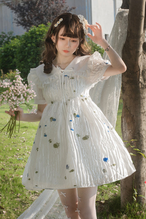 White French Lapel Collar Bubble Short Sleeves Floral Print High Waisted Sweet Lolita Dress
