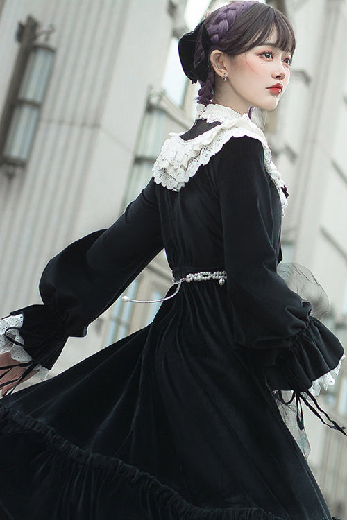 Black Silk Velvet Doll Collar Elegant Long Classic Lolita OP Dress