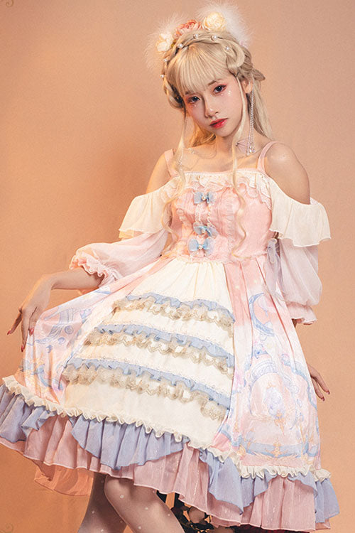 Pink Cloud Dreamland Bowknot Strapless Multi-Layer Ruffled Sweet Lolita OP Dress