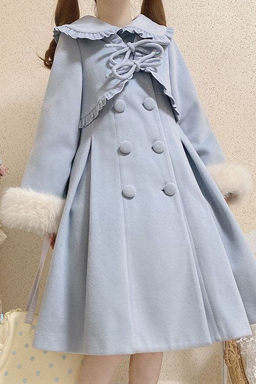 Blue Double Breasted Bowknot Plush Long Sleeves Fake Two-Piece Woolen Lolita Coat