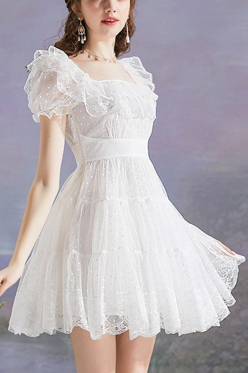 White Vintage Square Collar Ruffled Princess Short Sleeve Dot Print High Waisted Mesh Sweet Lolita Dress