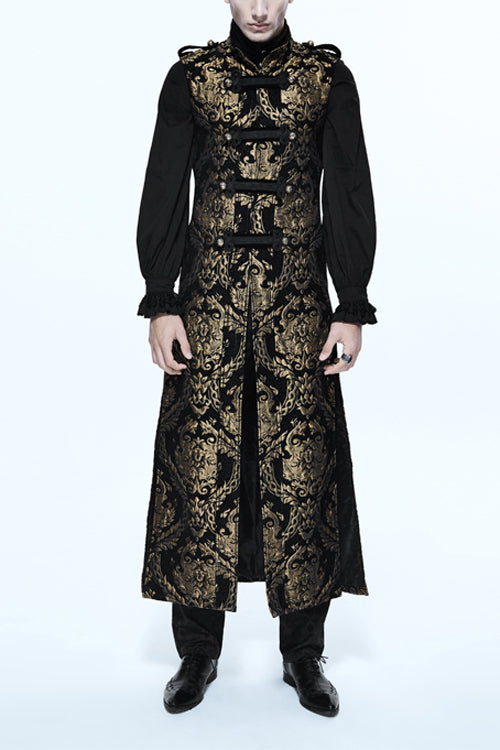 Black And Gold Court Floral Gothic Mens Long Coat