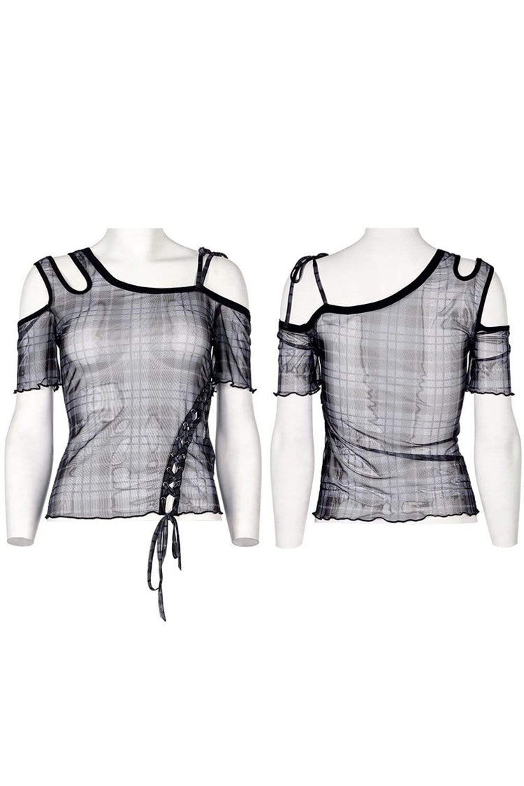 Asymmetrical Cutout Neckline Strap Design Plaid Mesh Women's Punk T-Shirt