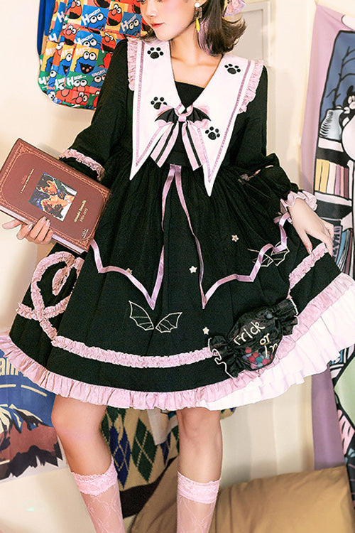 Dark Black High Waisted Purple Ruffled Long Sleeves Lolita OP Gothic Lolita Dress