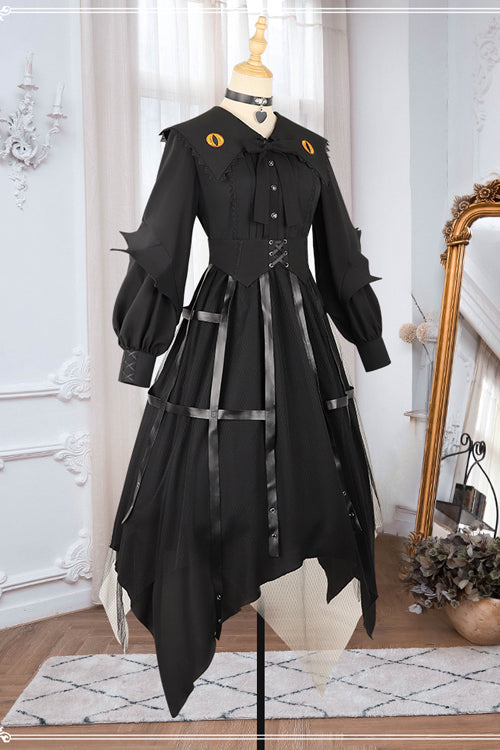 Black Lapel Collar Cat Eye Irregular Hem Gothic Lolita OP Dress