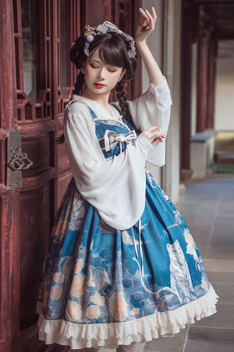Blue White Tiger And Flowers Print Bowknot Chinese Style Classic Lolita Jsk Dress