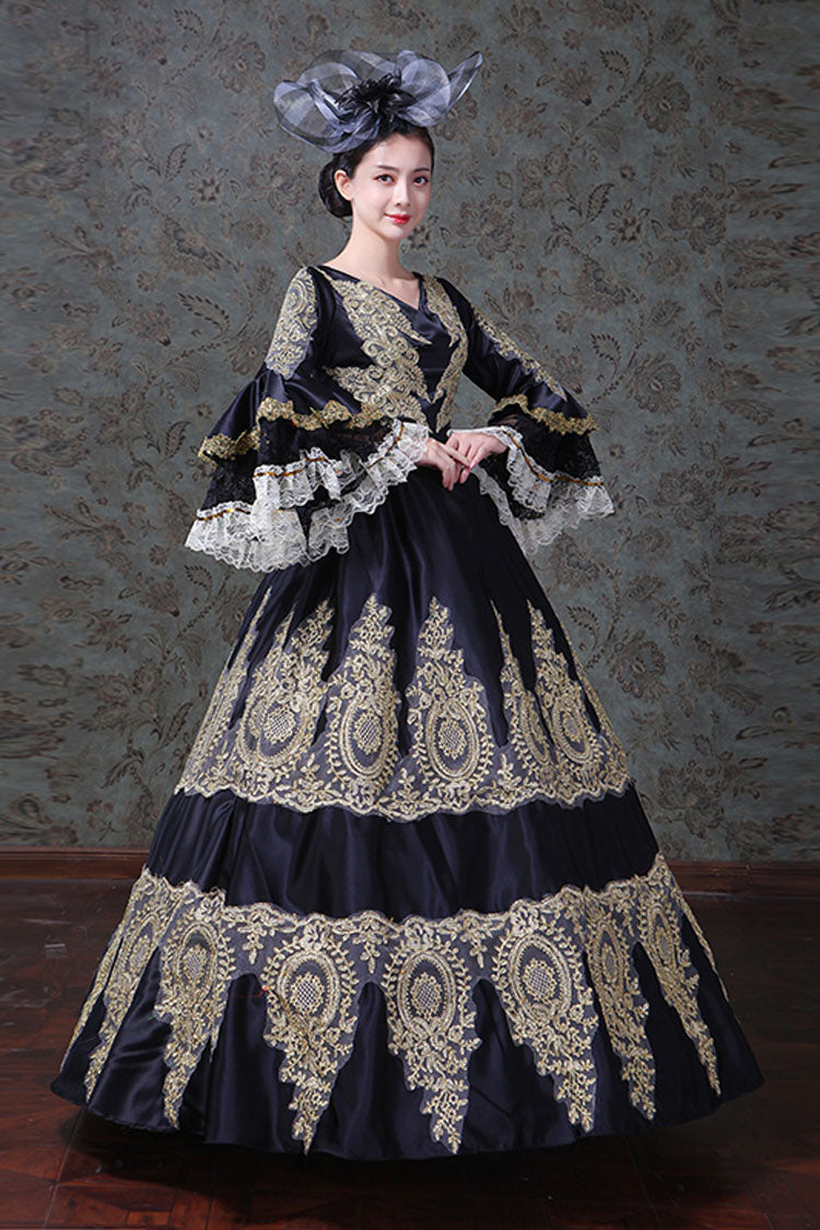 Black Trumpet Sleeves High Waisted Hollow Embroidery Print Victorian Lolita Prom Dress