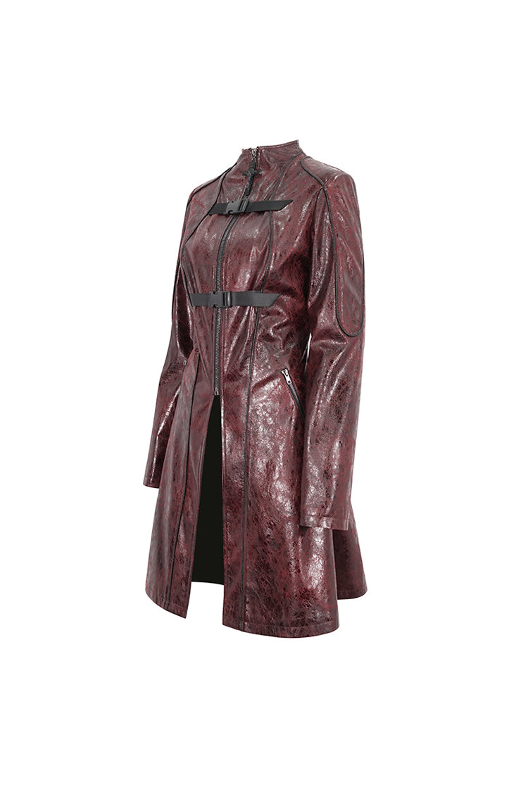 Red Double Buckle Faux Leather Long Women's Punk Coat