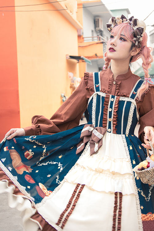 Blue/Brown Christmas Bread Squirrel Gift Print Cardigan Bowknot Multi-Layer Ruffled Sweet Lolita JSK Dress