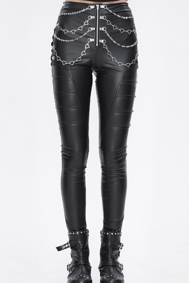 Black Chain Stud Skintight Leather Womens Punk Pants