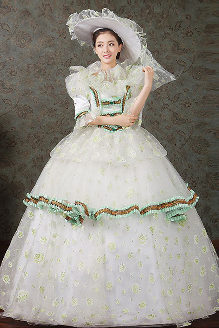 Half Sleeves Diamond Button High Waisted Hollow Embroidery Floral Print Multi-Layer Victorian Lolita Prom Dress