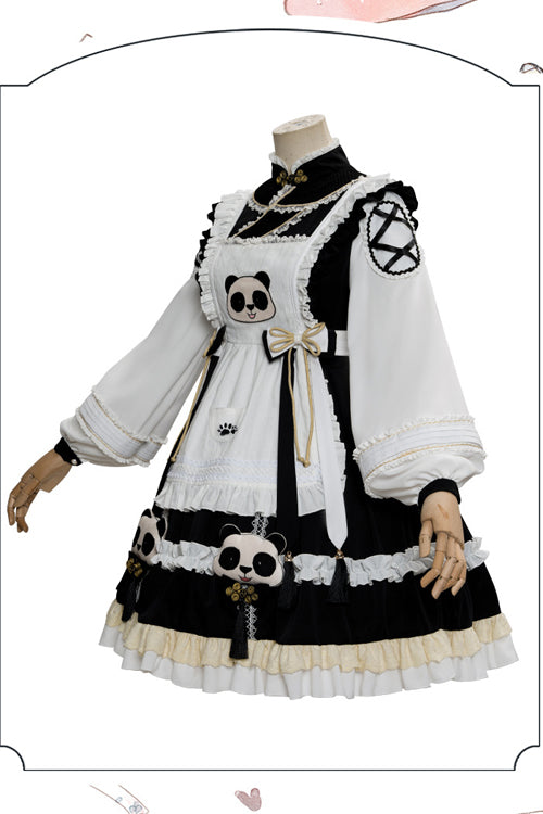 Black/White High Neck Lantern Sleeves Multi-Layer Ruffled Panda Bun Shop Sweet Lolita Op Dress