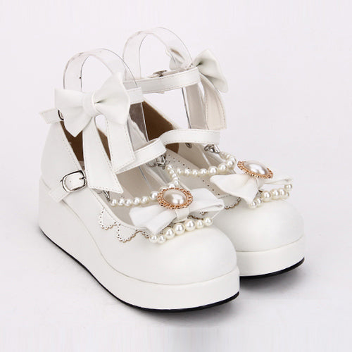 Round toe Bowknot Pearl Chain Classic Lolita Shoes