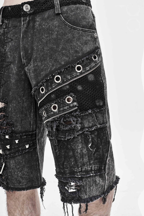 Black Decadence Punk Rock Nailed Ragged Shorts Mens Pants