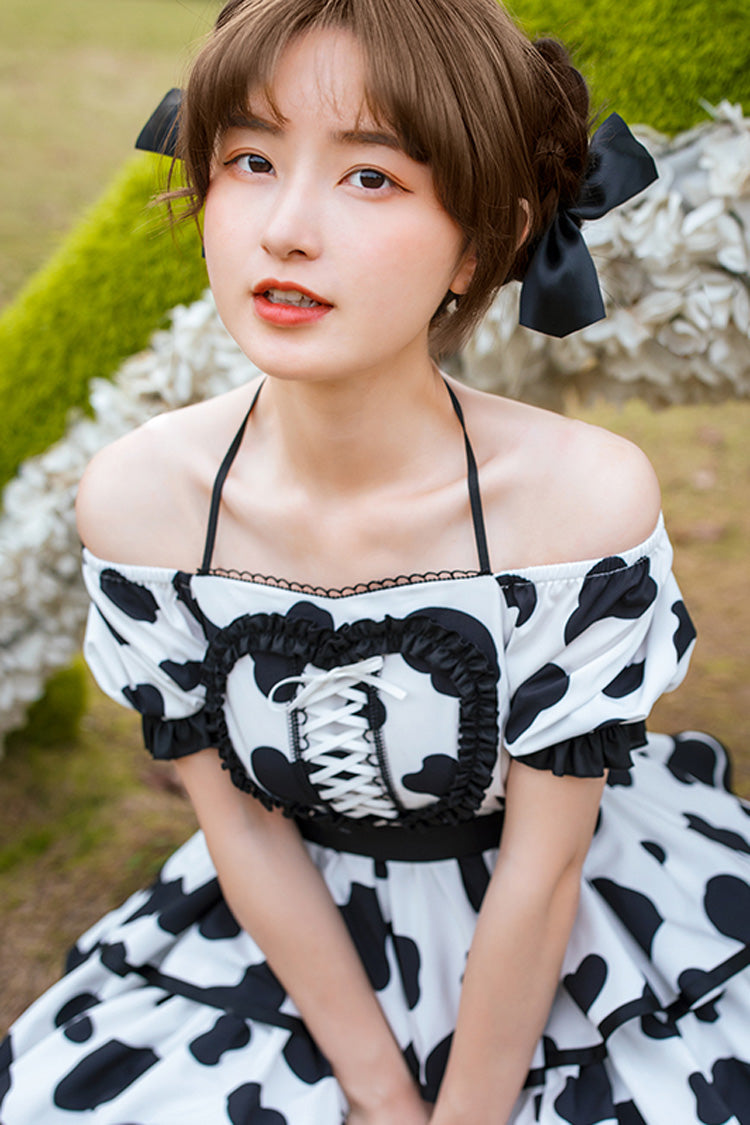 White/Black Halter Neck Puff Sleeve Ruffled Cow Print Sweet Lolita OP Dress