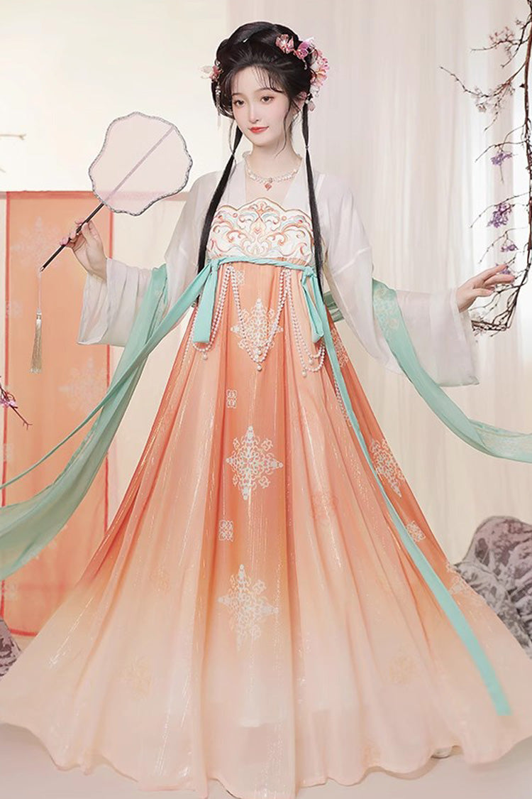 Orange Chinese Style <Springtime Greeting> Embroidery High Waisted Long Trumpet Sleeves Hanfu Dress