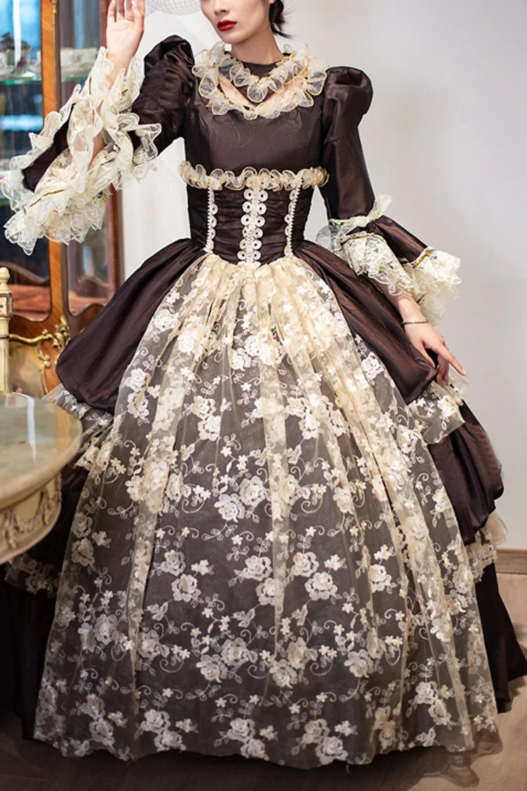 Brown Dark Pattern Print Medieval Court Gothic Victorian Lolita Long Dress