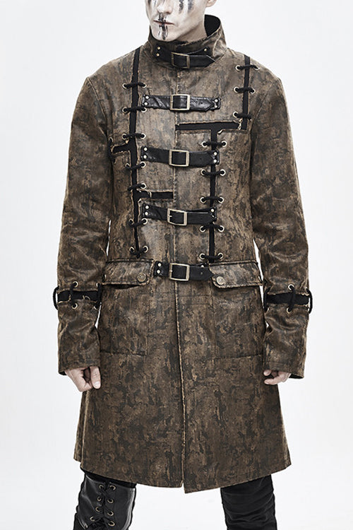 Brauner Steampunk Patch Herren Langer Ledermantel