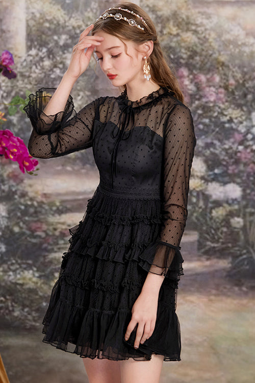 Black Lace Round Collar Polka Dot Mesh Trumpet Sleeves Layered Ruffled Sweet Lolita OP Dress