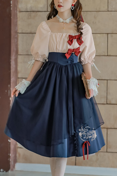 Blue Square Collar Bubble Short Sleeves High Waisted <Runaway Snow White> Sweet Lolita OP Dress