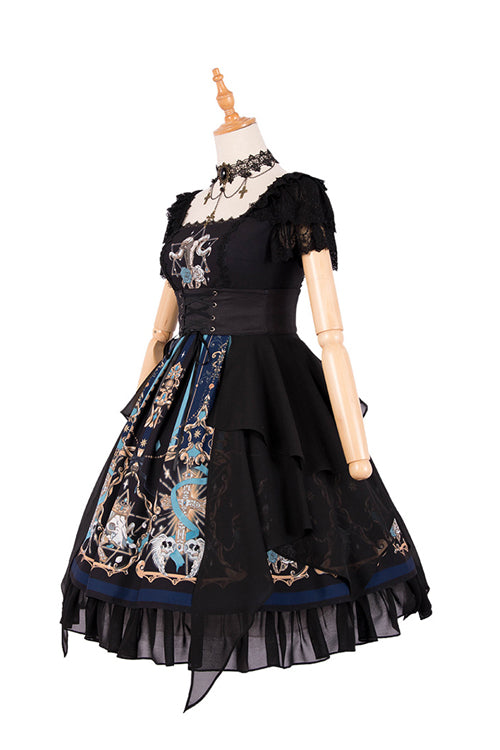 Black Lace Short Sleeve God Redemption Print Gothic Lolita Dress