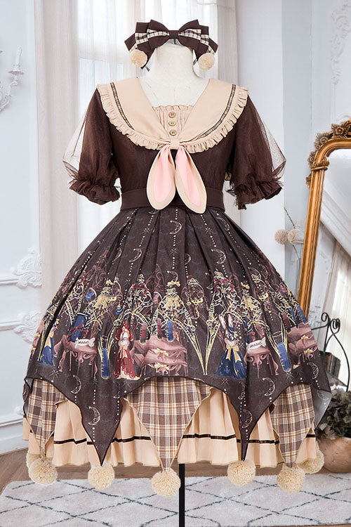 Brown Alchemist Cartoon Anime Print Doll Collar Bowknot Short Sleeves Multi-Layer Pompom Sweet Lolita OP Dress