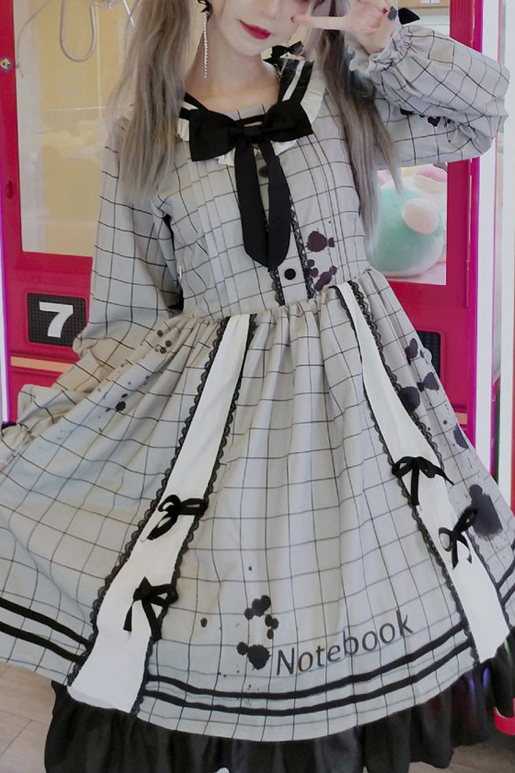 Grey College Style Navy Collar Plaid Leaking Ink Pen Print Ruffled Sweet Lolita Op Dress