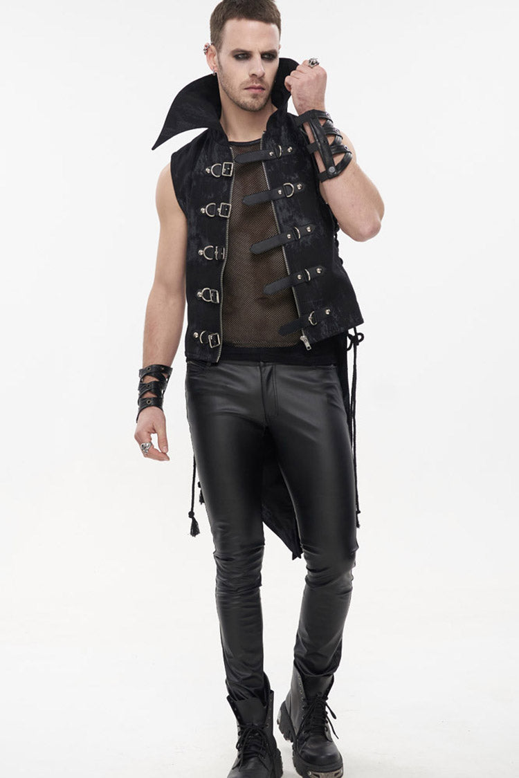 Black Punk Irregular Print D-Shaped Buckle Decoration Waist Side Slits Tied Rope Tight Zipper Men's Dovetail Vest