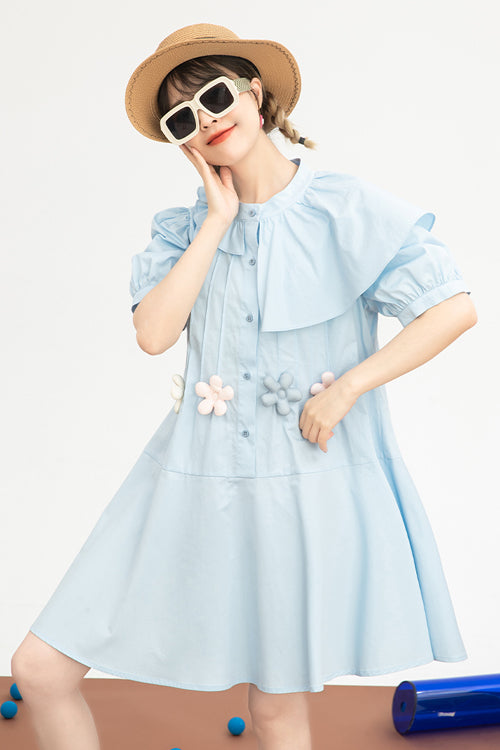 Blue Irregular Ruffled Round Collar Bubble Short Sleeves Waist With Flower Accessories High Waisted Sweet Lolita Dress