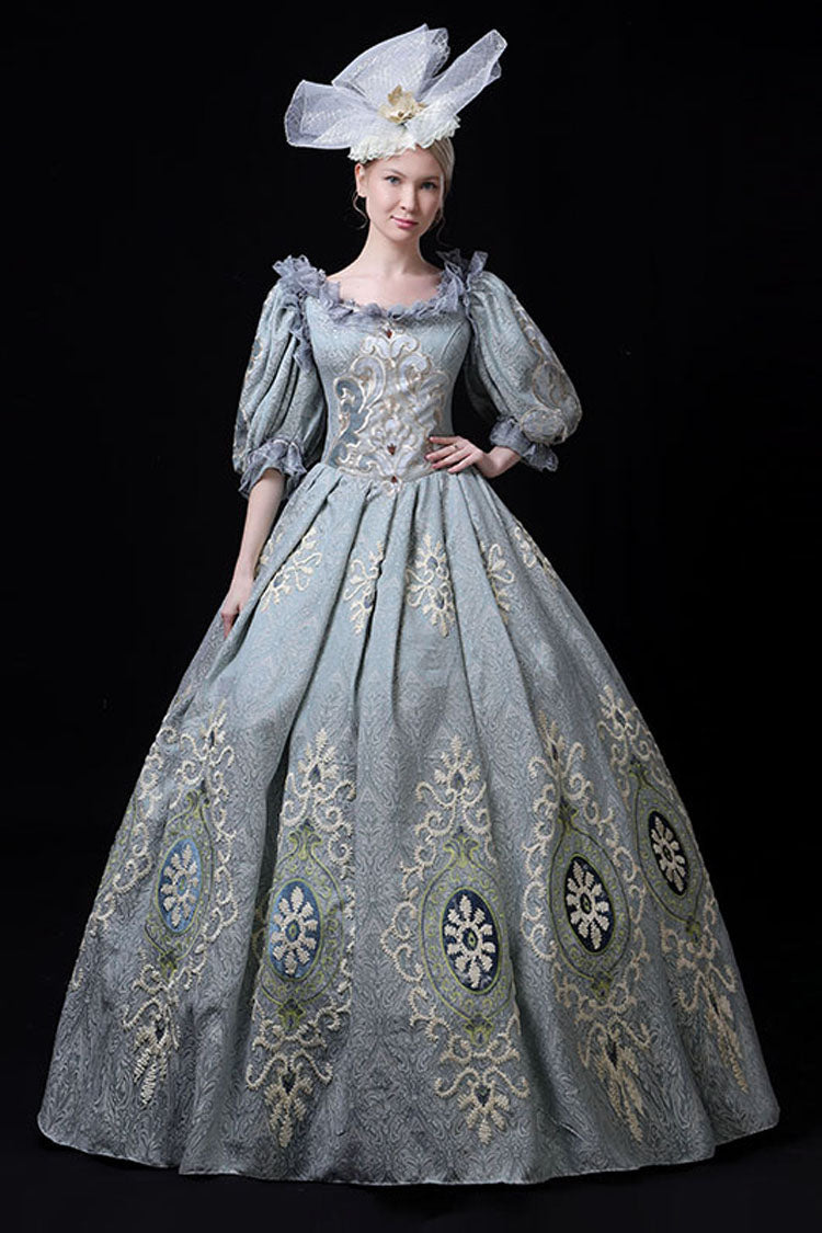 Blue Boat Neck Half Sleeves High Waisted Hollow Embroidery Floral Print Victorian Lolita Prom Dress