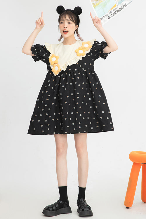 Black Ruffled Splicing Round Collar Bubble Short Sleeves Floral Print High Waisted Sweet Lolita Dress