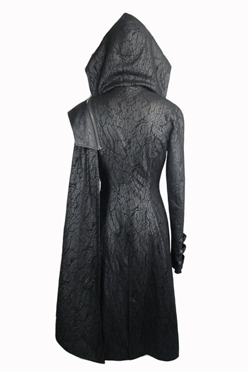 Black Punk Hooded One Side Shawl Gothic Pattern Womens Leather Long Coat