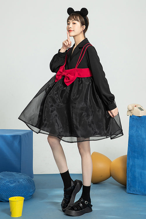 Black Suit Collar Bow Organza Long Sleeves High Waist Sweet Lolita OP Dress