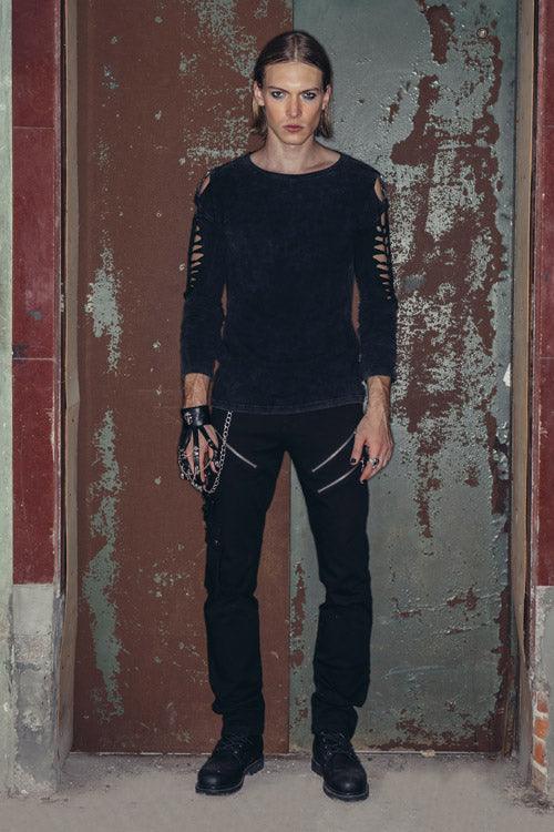 Black Punk Rock Broken Holes Long Sleeves Skull Nail Knitted Mens T-Shirt