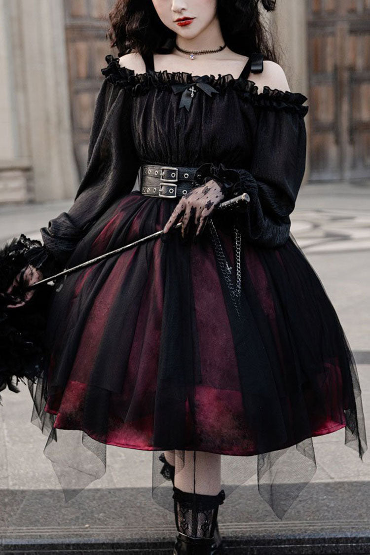 Black Boat Neck Metal Chain Organza Stitching Gothic Lolita OP Dress (Short Version)