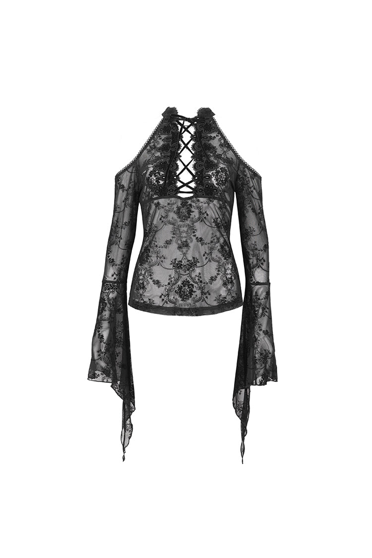 Black Off Shoulder Flared Sleeved Lace Mesh Women's Gothic Shirt