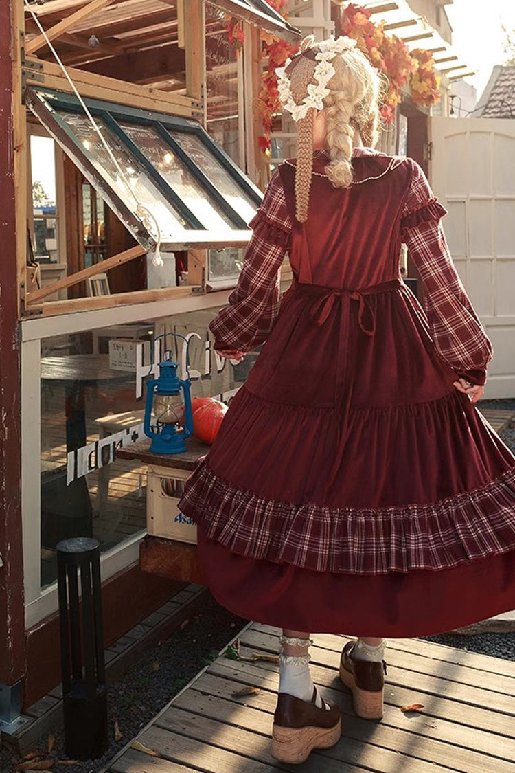 Red Velvet Plaid Print Bowknot Christmas Sweet Lolita Dress