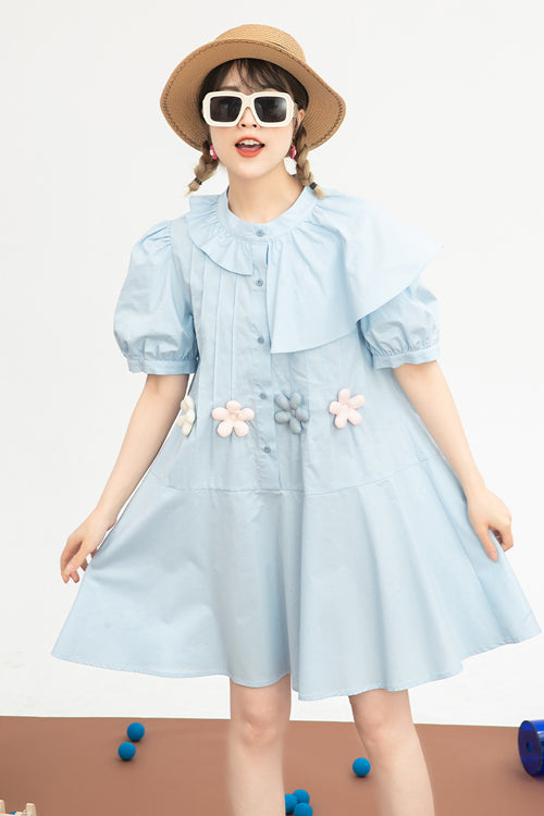 Blue Irregular Ruffled Round Collar Bubble Short Sleeves Waist With Flower Accessories High Waisted Sweet Lolita Dress