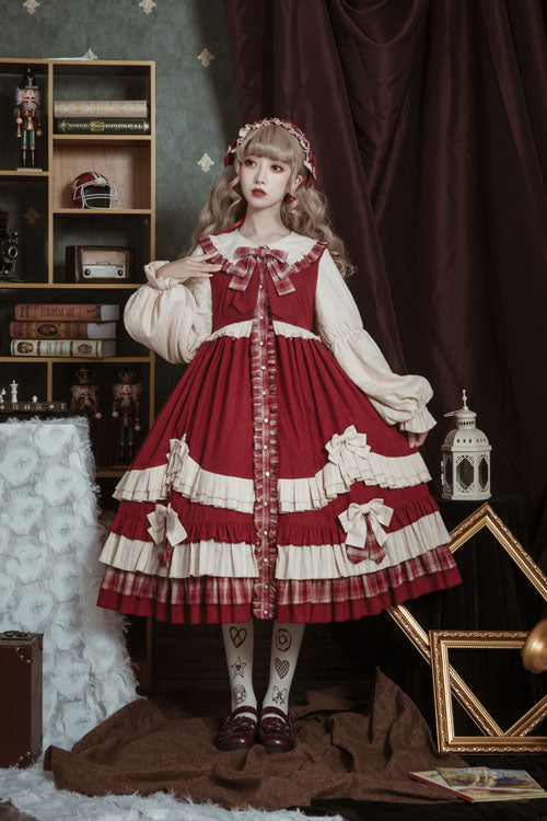 Little Red Riding Hood Lapel Collar Christmas Bowknot High Waisted Multi-Layer Ruffled Sweet Lolita OP Dress