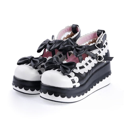 Black & White Romantic PU Round Toe Ankle Straps Bow Decoration Platform Lolita Shoes