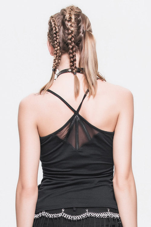 Schwarzes Punk-T-Shirt für Damen mit Spinnennetz und Fledermausflügeln, dehnbare Baumwolle