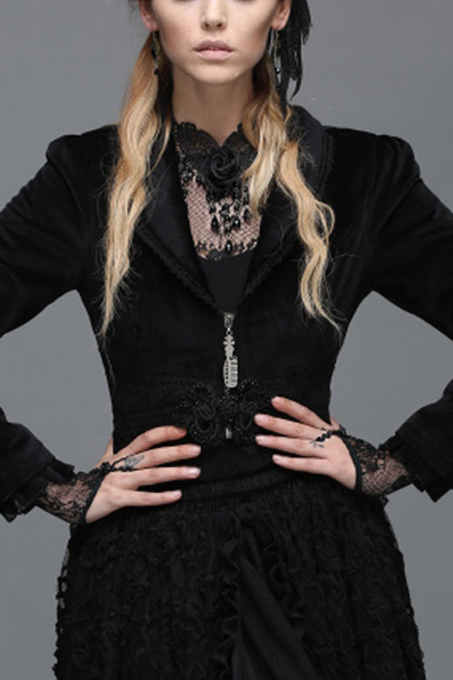 Black Lace Waist Woollen Womens Velvet Short Gothic Jacket With Tail