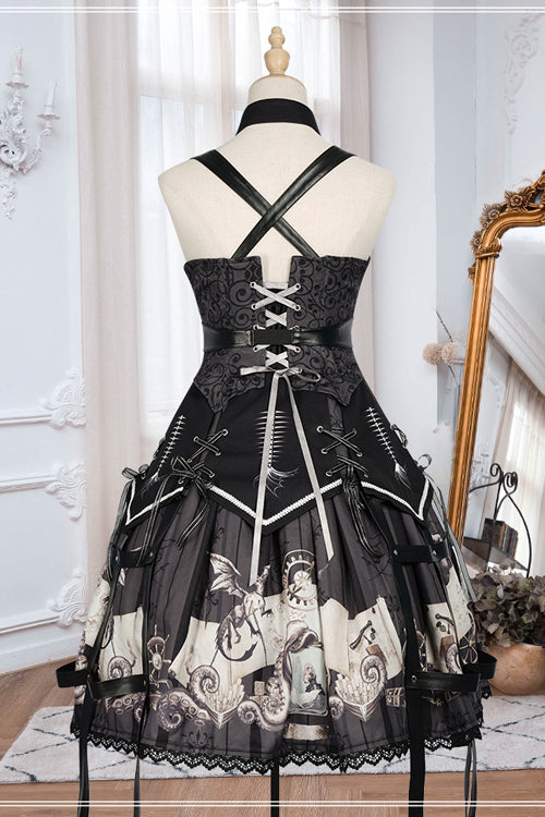 Black New Pirate Ship Print Full Set Gothic Lolita JSK Dress