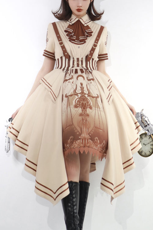 Beige British Style Short Sleeves Libra Print Cardigan Sweet Lolita Dress