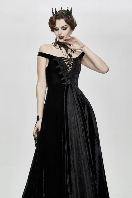 Gothic Queen Velvet Flat Shouders Lace Up Deep V Chest Slim Sexy Womens Long Dress