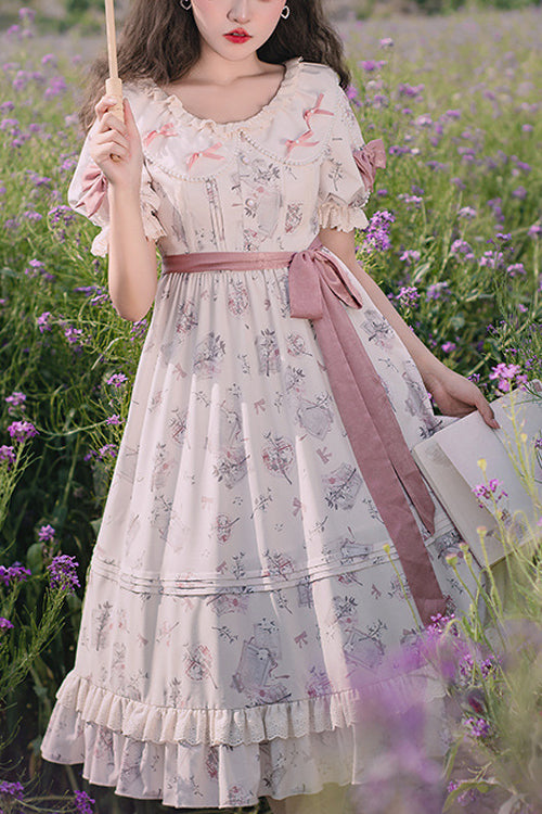 Beige Round Collar Short Sleeves Flower Print High Waist Sweet Lolita OP Dress